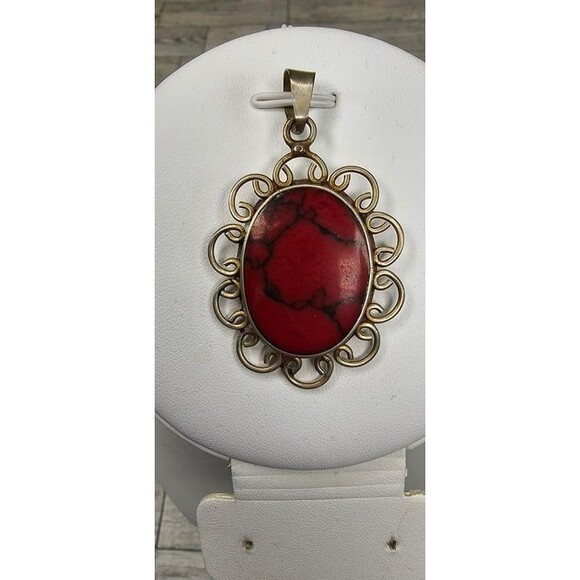 Red Jasper and Silver Flower Pendant Stamped Mexico 2"Lx1 1/4"W - Picture 1 of 4